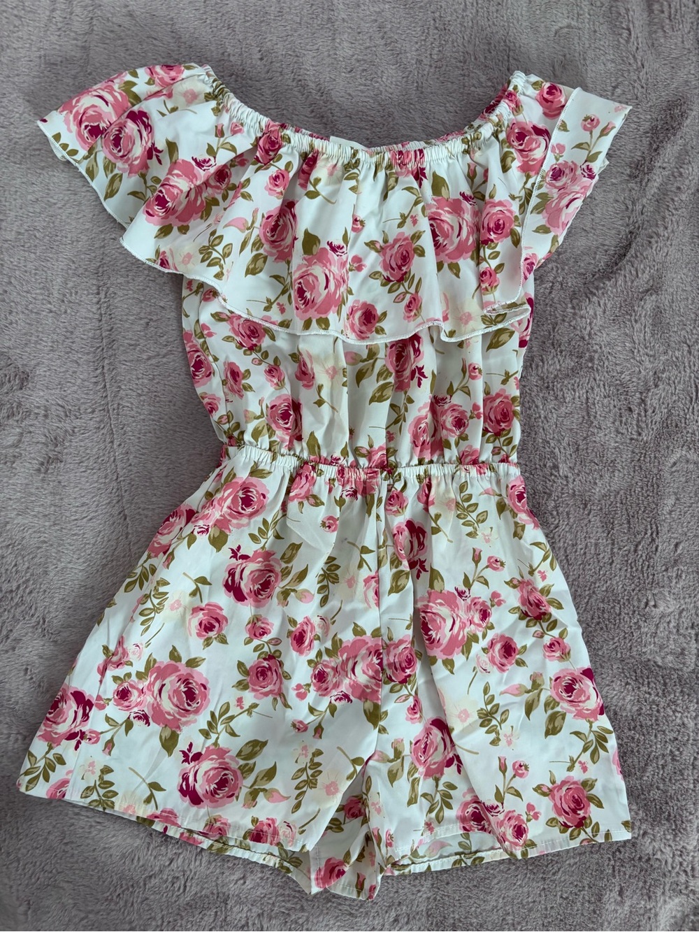 Girls Floral Off-Shoulder Romper - Pink Rose